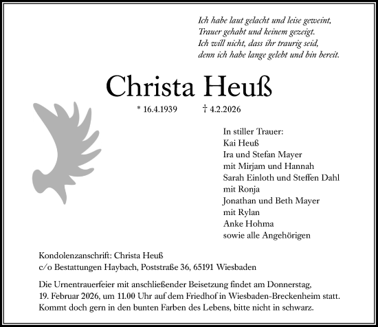 Traueranzeige von Christa Heuß von Wiesbadener Kurier