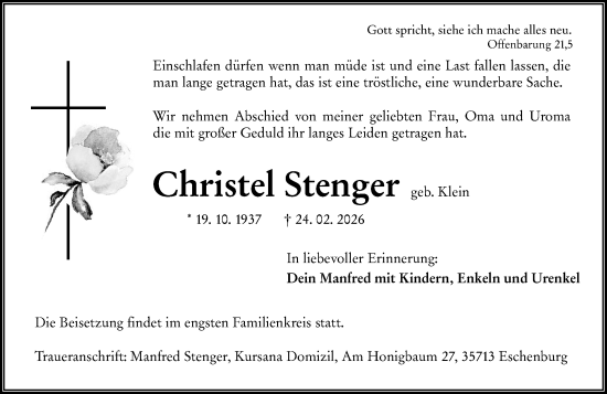 Traueranzeige von Christel Stenger von Dill Block