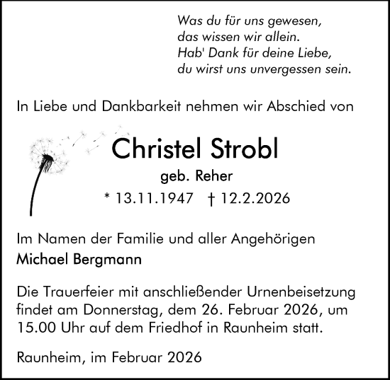 Traueranzeige von Christel Strobl von Rüsselsheimer Echo