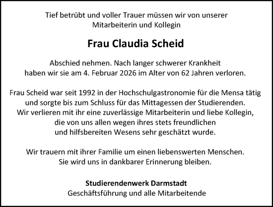 Traueranzeige von Claudia Scheid von Darmstädter Echo
