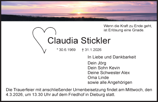 Traueranzeige von Claudia Stickler von Dieburger Anzeiger/Groß-Zimmerner Lokal-Anzeiger