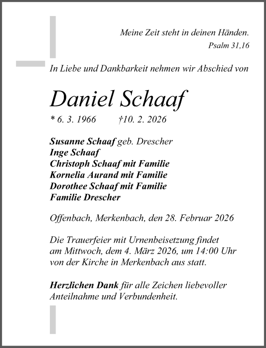 Traueranzeige von Daniel Schaaf von Dill Block