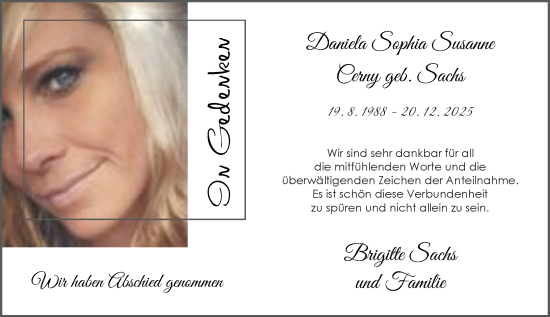Traueranzeige von Daniela Sophia Susanne Cerny von Wetzlarer Neue Zeitung