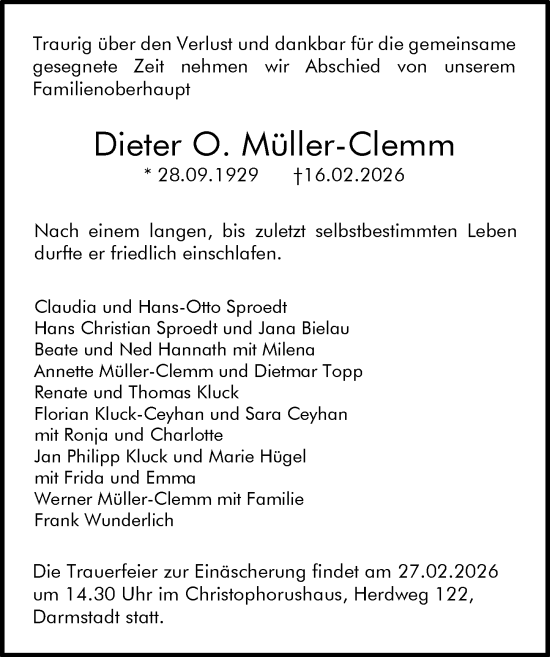 Traueranzeige von Dieter O. Müller-Clemm von Darmstädter Echo