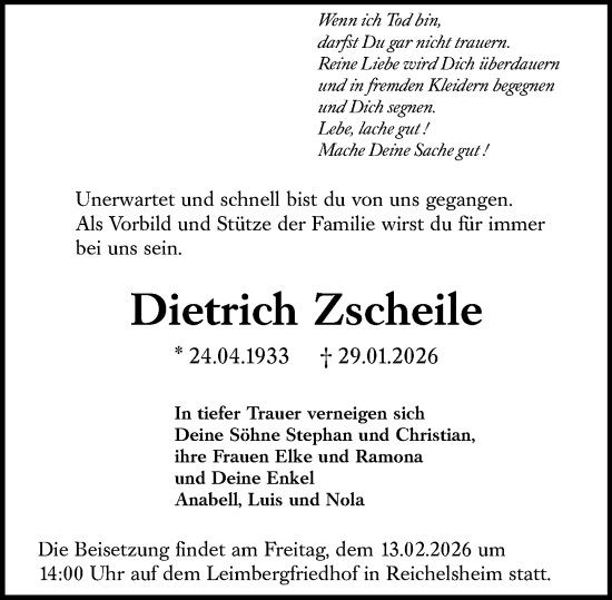Traueranzeige von Dietrich Zscheile von Odenwälder Echo