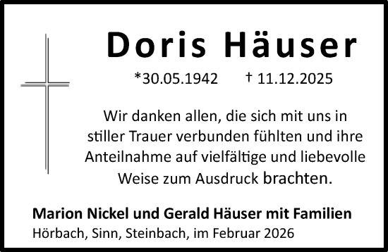 Traueranzeige von Doris Häuser von Dill Block