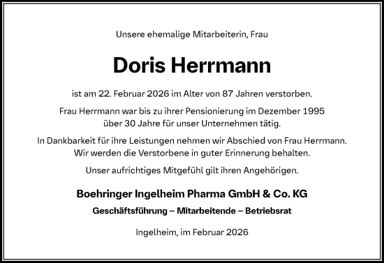 Traueranzeige von Doris Herrmann von Allgemeine Zeitung Rheinhessen-Nahe