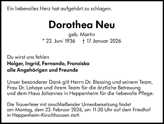 Traueranzeige von Dorothea Neu von Starkenburger Echo
