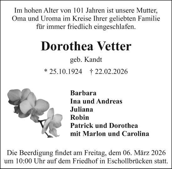 Traueranzeige von Dorothea Vetter von Darmstädter Echo