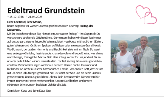 Traueranzeige von Edeltraud Grundstein von Wiesbadener Kurier