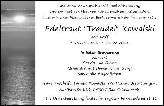 Traueranzeige von Edeltraut Kowalski von Idsteiner Land/Untertaunus