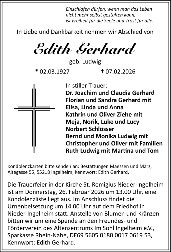 Traueranzeige von Edith Gerhard von Allgemeine Zeitung Rheinhessen-Nahe