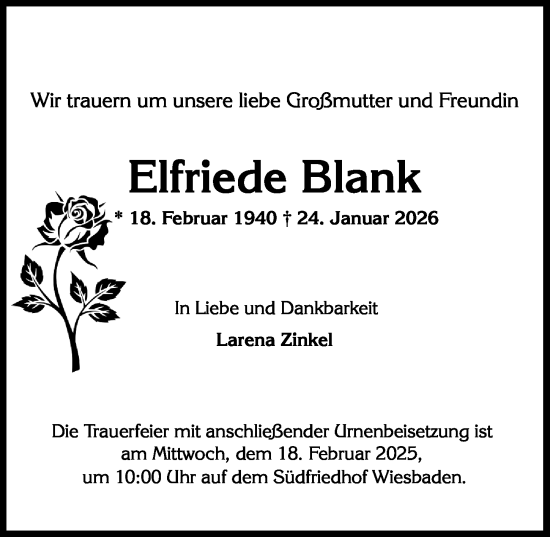 Traueranzeige von Elfriede Blank von Wiesbadener Kurier