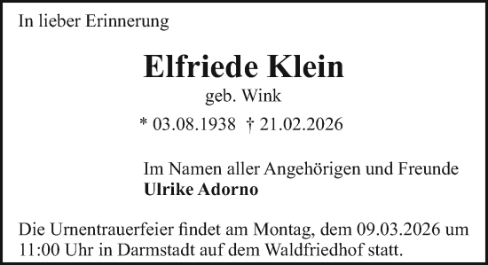 Traueranzeige von Elfriede Klein von Darmstädter Echo