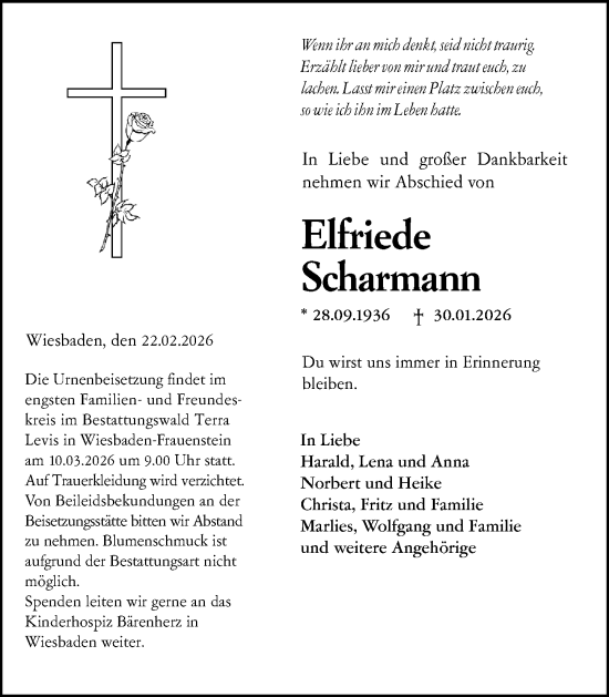 Traueranzeige von Elfriede Scharmann von Wiesbadener Kurier