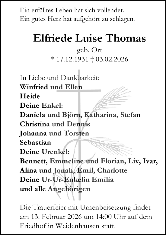 Traueranzeige von Elfriede Luise Thomas von Hinterländer Anzeiger