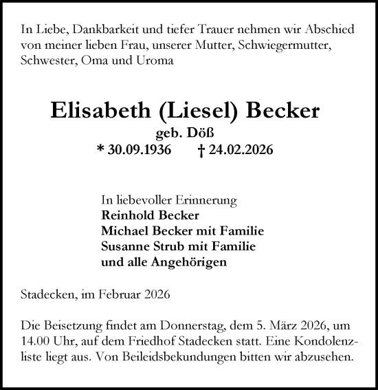 Traueranzeige von Elisabeth Becker von Allgemeine Zeitung Mainz