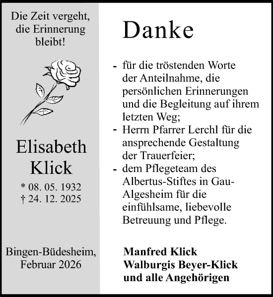 Traueranzeige von Elisabeth Klick von Allgemeine Zeitung Rheinhessen-Nahe