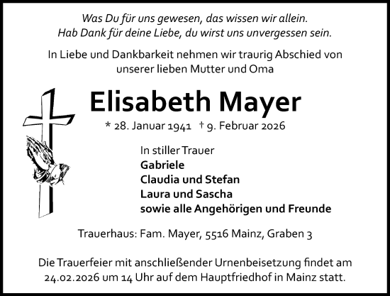 Traueranzeige von Elisabeth Mayer von Allgemeine Zeitung Mainz