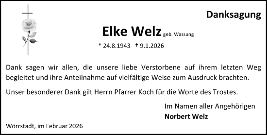 Traueranzeige von Elke Welz von Allgemeine Zeitung Alzey