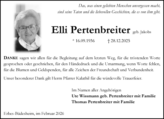Traueranzeige von Elli Pertenbreiter von Allgemeine Zeitung Alzey