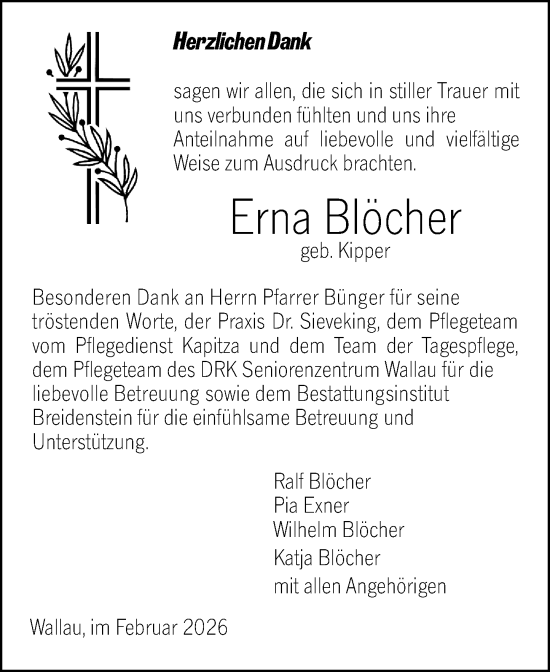 Traueranzeige von Erna Blöcher von Hinterländer Anzeiger