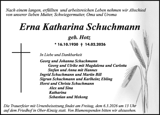 Traueranzeige von Erna Katharina Schuchmann von Odenwälder Echo