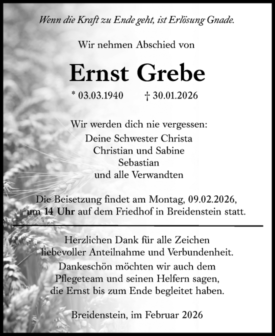 Traueranzeige von Ernst Grebe von Hinterländer Anzeiger