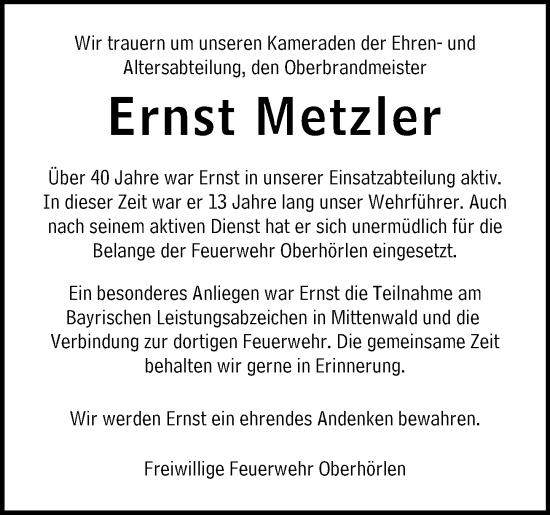 Traueranzeige von Ernst Metzler von Hinterländer Anzeiger