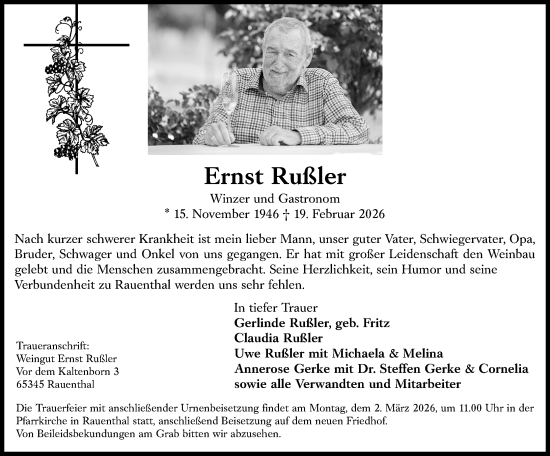 Traueranzeige von Ernst Rußler von Wiesbadener Kurier