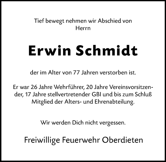 Traueranzeige von Erwin Schmidt von Hinterländer Anzeiger