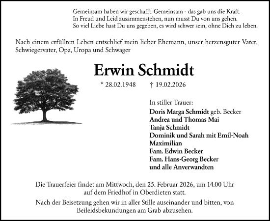 Traueranzeige von Erwin Schmidt von Hinterländer Anzeiger