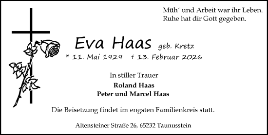 Traueranzeige von Eva Haas von Rheingau-Taunus-Kreis Wochenblatt