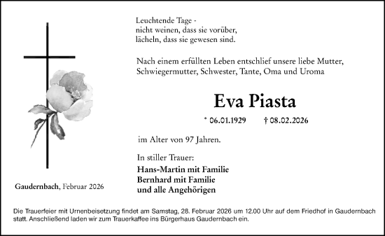 Traueranzeige von Eva Piasta von Weilburger Tageblatt