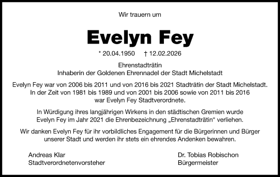 Traueranzeige von Evelyn Fey von Odenwälder Echo