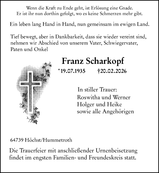 Traueranzeige von Franz Scharkopf von Odenwälder Echo