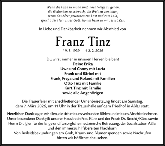 Traueranzeige von Franz Tinz von Wetzlarer Neue Zeitung
