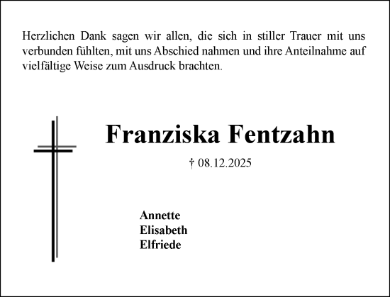 Traueranzeige von Franziska Fentzahn von Allgemeine Zeitung Mainz
