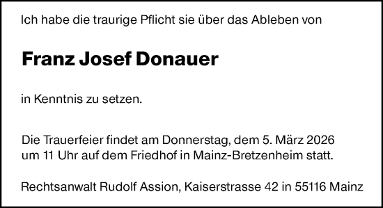 Traueranzeige von Franz Josef Donauer von Allgemeine Zeitung Mainz