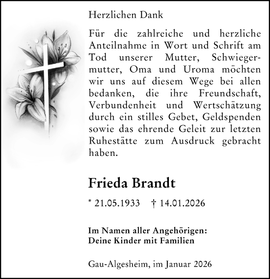 Traueranzeige von Frieda Brandt von Binger-/Ingelheimer Wochenblatt