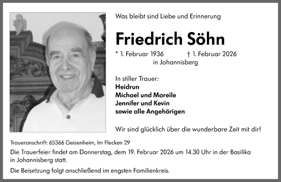 Traueranzeige von Friedrich Söhn von Wiesbadener Kurier