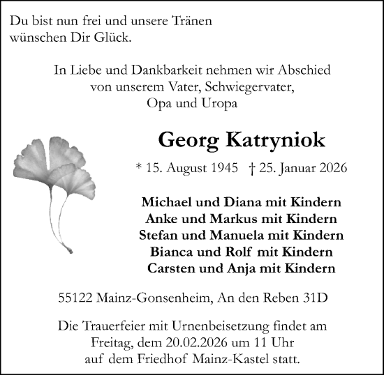 Traueranzeige von Georg Katryniok von Allgemeine Zeitung Mainz