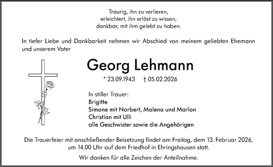 Traueranzeige von Georg Lehmann von Wetzlarer Neue Zeitung