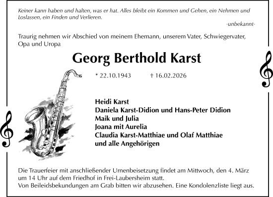 Traueranzeige von Georg Berthold Karst von Allgemeine Zeitung Rheinhessen-Nahe