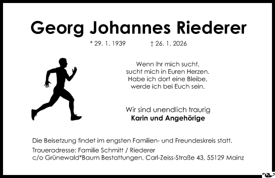 Traueranzeige von Georg Johannes Riederer von Allgemeine Zeitung Mainz