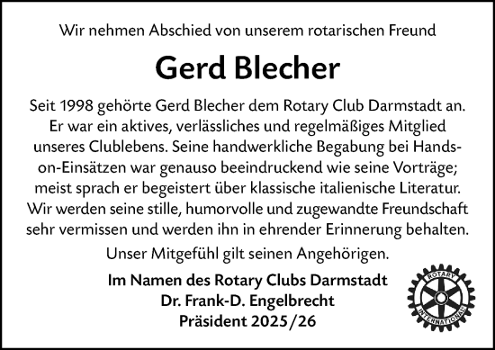 Traueranzeige von Gerd Blecher von Darmstädter Echo