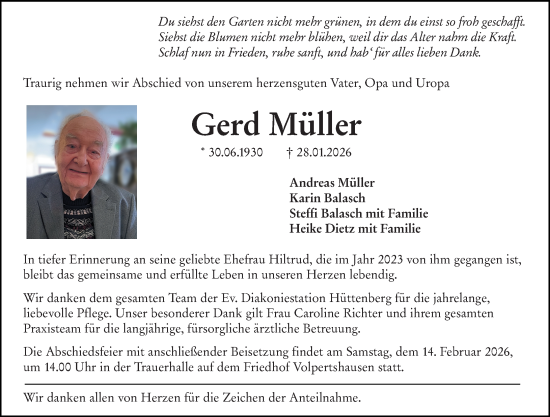 Traueranzeige von Gerd Müller von Wetzlarer Neue Zeitung