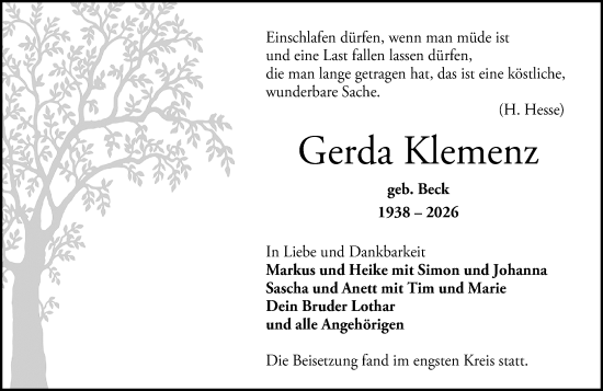 Traueranzeige von Gerda Klemenz von Darmstädter Echo