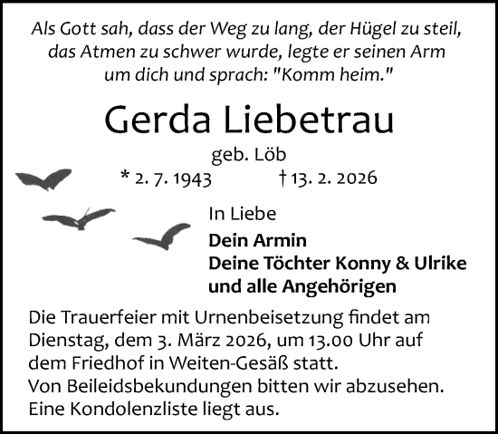 Traueranzeige von Gerda Liebetrau von Odenwälder Echo