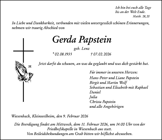 Traueranzeige von Gerda Papstein von Hinterländer Anzeiger